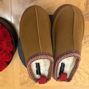 French Connection Brown Slippers with Red Trim